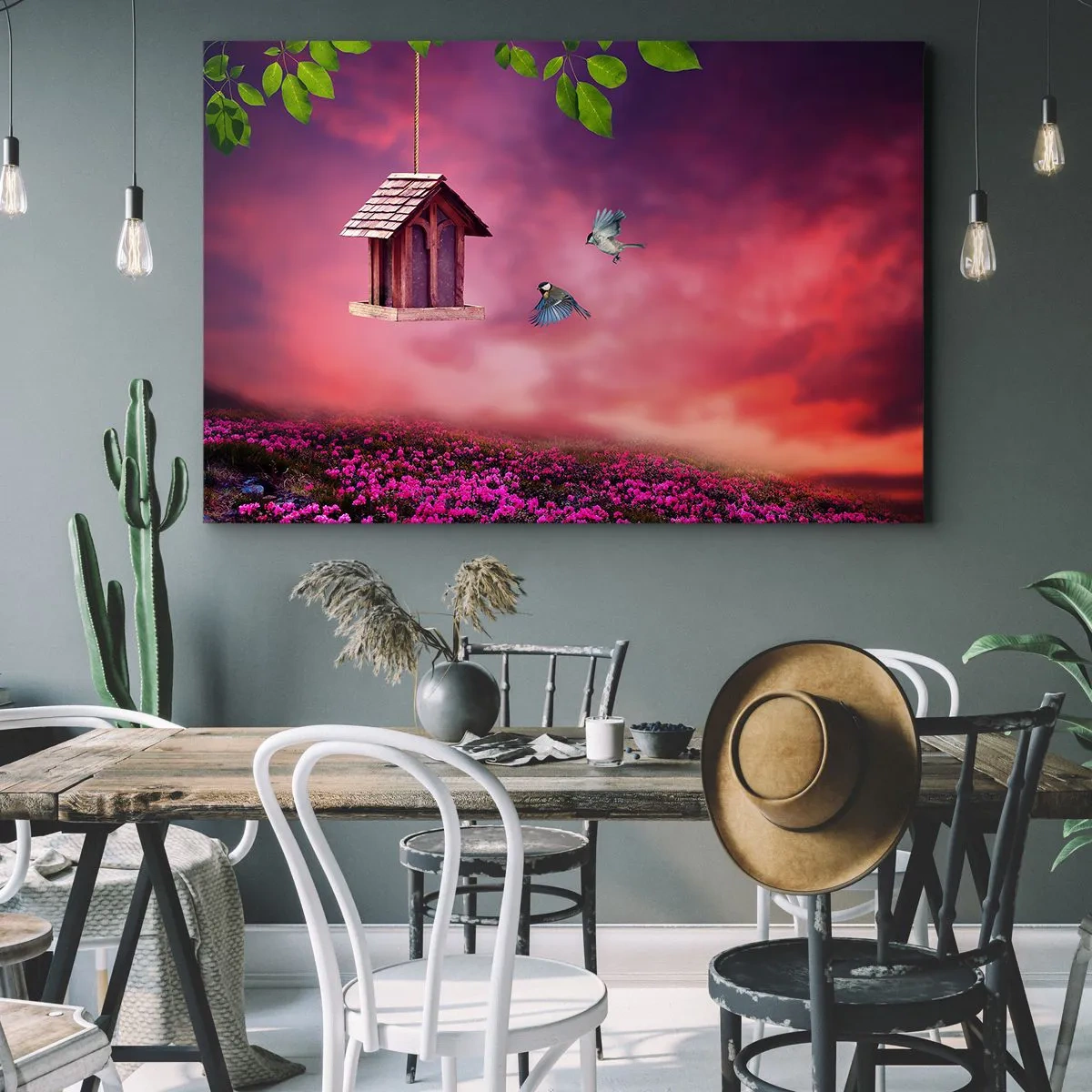 Tablou pe pânză Canvas - Un peisaj pitoresc cu o căsuță pentru păsări și un apus de soare - 70x50cm - Invitație la cină - Decorațiune modernă pentru perete pentru living și dormitor ARTTOR