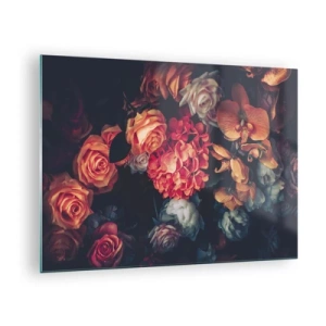 Tablou pe sticlă - Aranjament floral închis la culoare cu trandafiri și orhidee - 70x50cm - Ca la maeștri olandezi - Decorațiune modernă pentru perete pentru living și dormitor ARTTOR