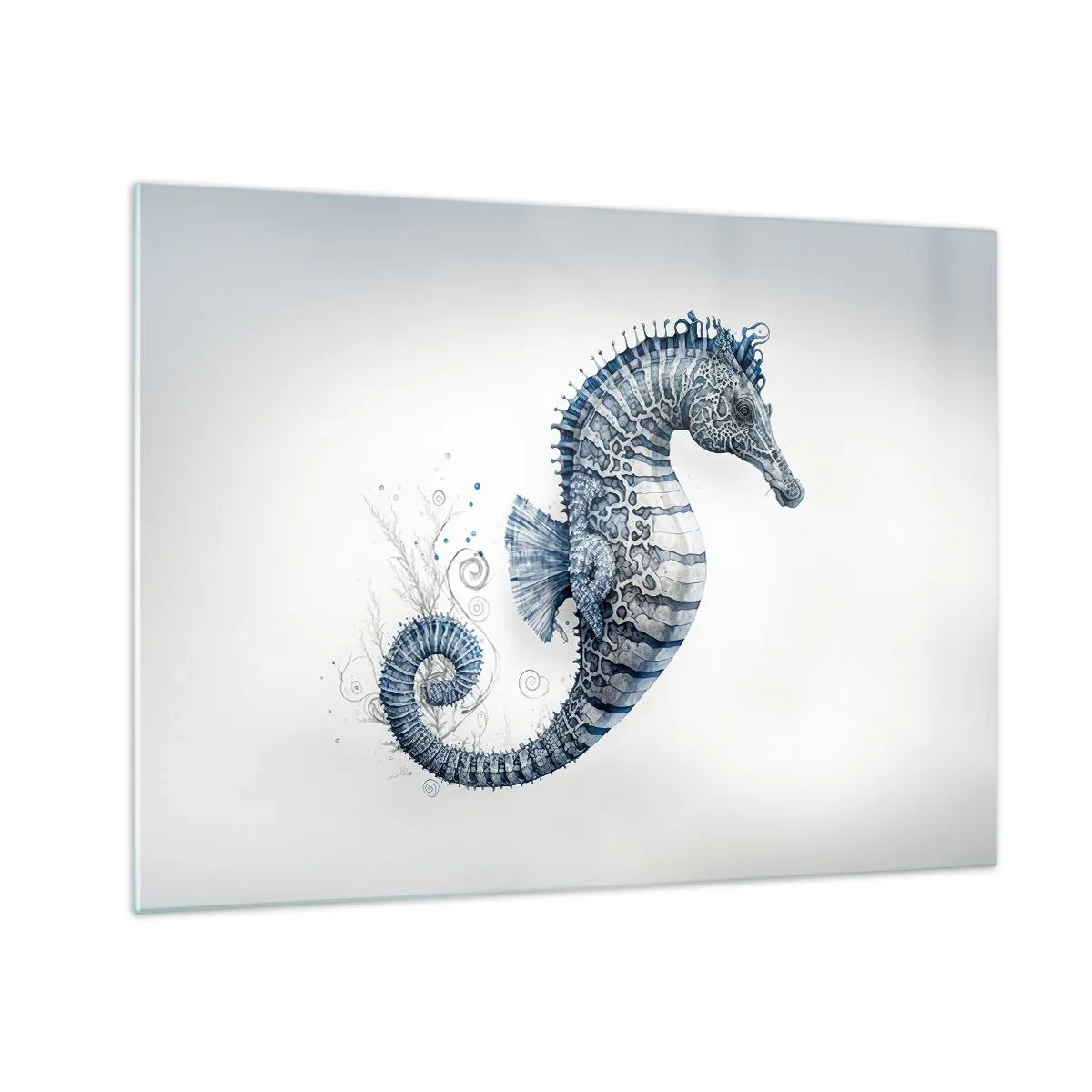 Tablou pe sticlă - Căluț de mare albastru pe fundal deschis într-un stil de desen - 70x50cm - O glumă inocentă a naturii - Decorațiune modernă pentru perete pentru living și dormitor ARTTOR