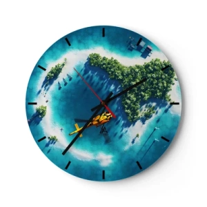 Ceas de perete - Ceas pe sticlă - Insulă tropicală cu elicopter peste apa turcoaz - 30x30cm - Cumpără-ți o insulă - Decorațiune modernă pentru perete pentru living, bucătărie și dormitor ARTTOR