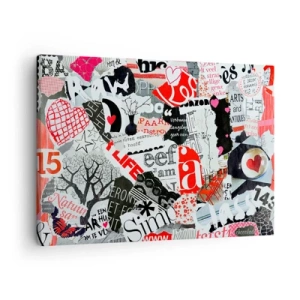 Tablou pe pânză Canvas - Un colaj colorat cu inscripții, inimioare și grafică. - 70x50cm - Colaj de hipsteri - Decorațiune modernă pentru perete pentru living și dormitor ARTTOR
