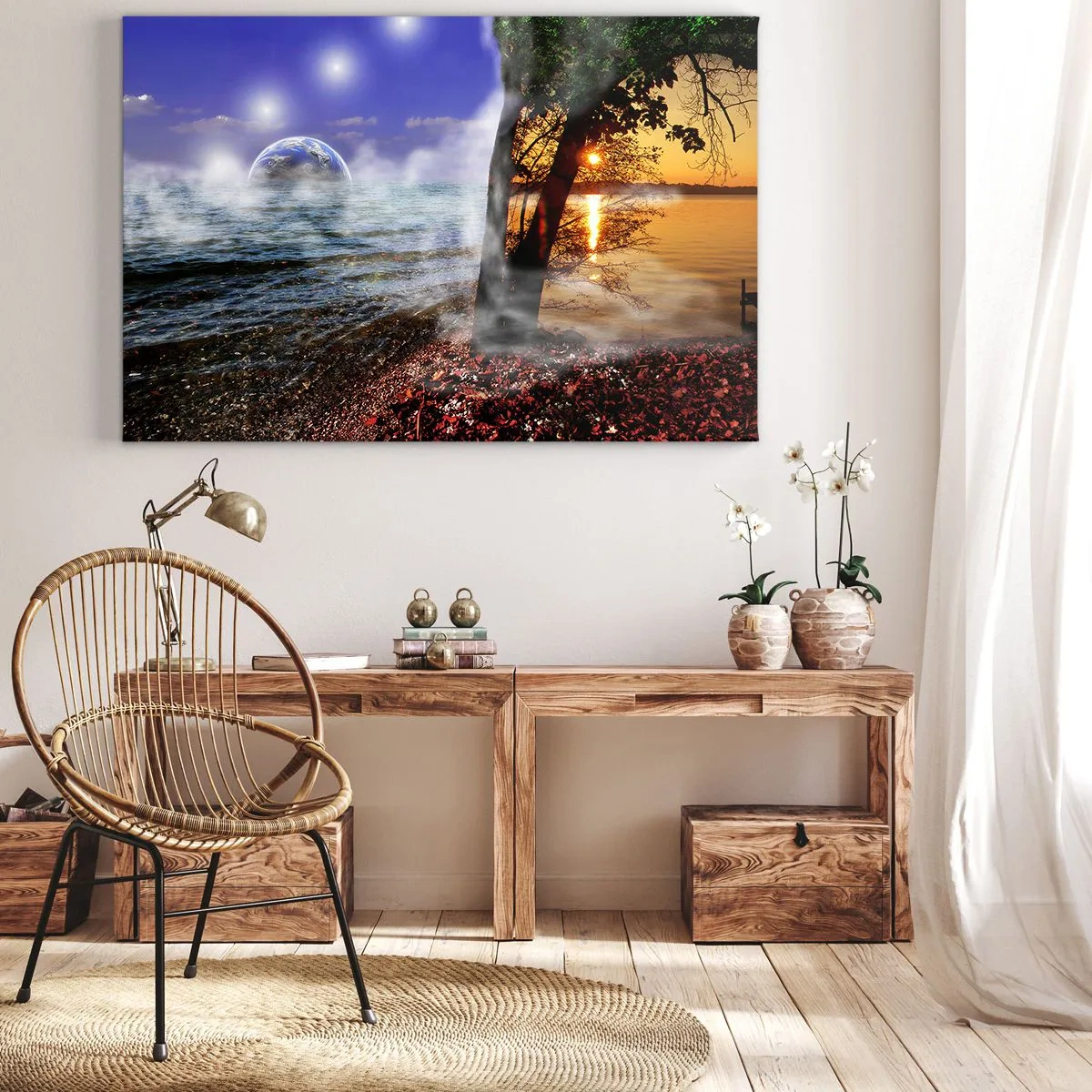 Tablou pe pânză Canvas - Peisaj fantastic cu mare, copaci și apus de soare. - 70x50cm - Peisaj suprarealist - unitatea naturii - Decorațiune modernă pentru perete pentru living și dormitor ARTTOR