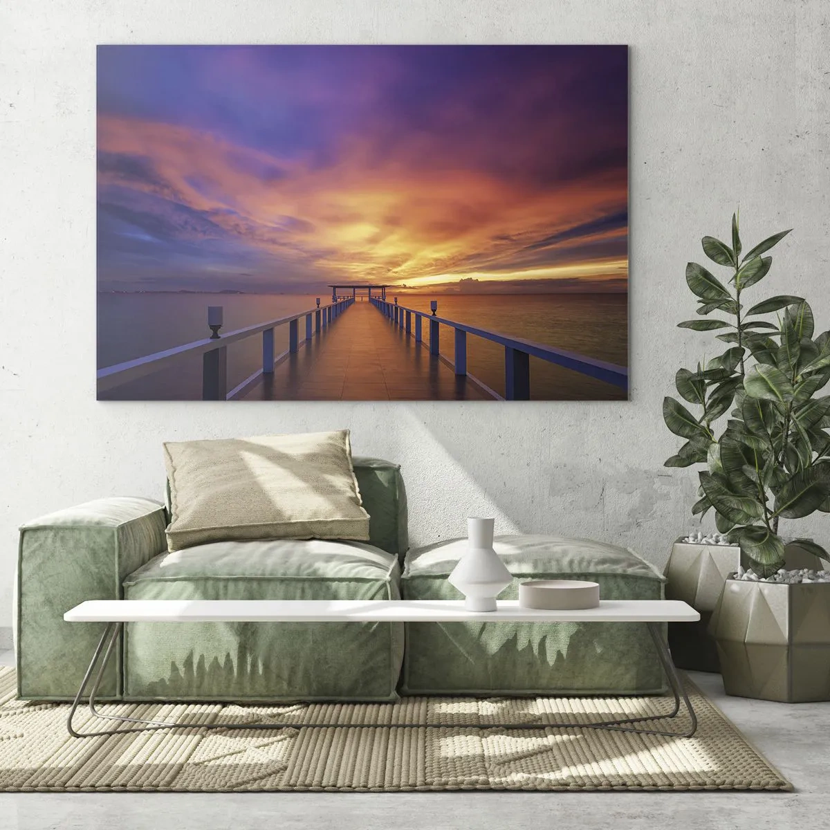 Tablou pe sticlă - Digul pe fundalul apusului de soare - 70x50cm - Fără sfârșit - Decorațiune modernă pentru perete pentru living și dormitor ARTTOR