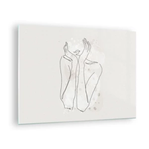 Tablou pe sticlă - O schiță minimalistă a mâinilor și buzelor unei femei pe un fundal bej. - 70x50cm - Un moment pentru vis - Decorațiune modernă pentru perete pentru living și dormitor ARTTOR