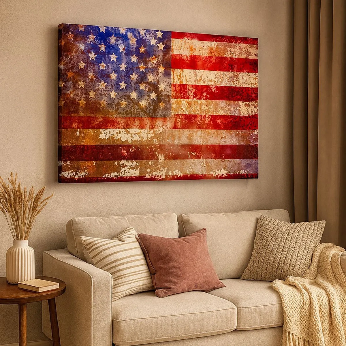 Tablou pe pânză Canvas - Steag american stilizat cu efect învechit - 70x50cm - Gloria nu trece - Decorațiune modernă pentru perete pentru living și dormitor ARTTOR