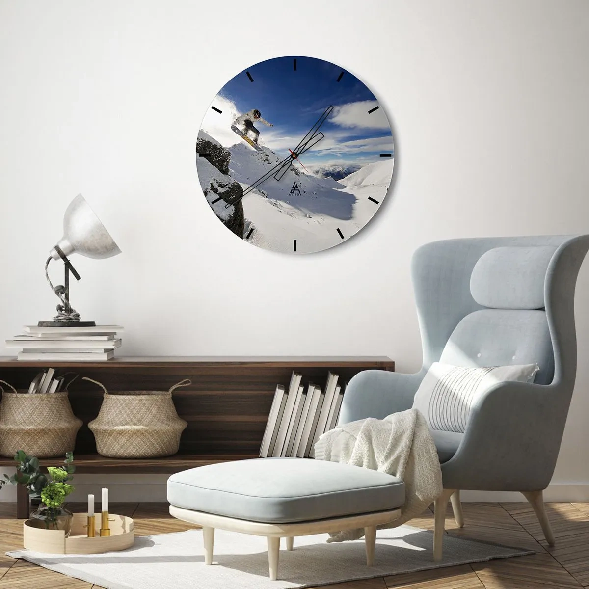Ceas de perete - Ceas pe sticlă - Snowboarder în acțiune cu munții în fundal - 30x30cm - Libertate fără frontiere - Decorațiune modernă pentru perete pentru living, bucătărie și dormitor ARTTOR