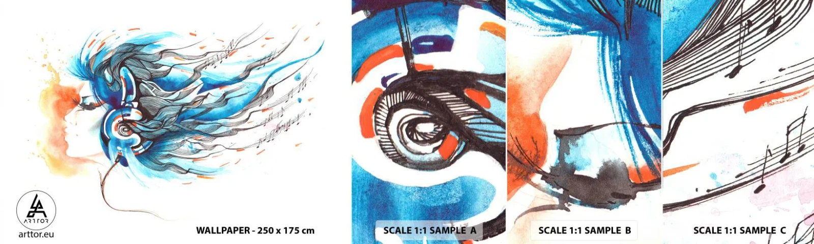 Mostră de Tapet Standard Eco - Lasă muzica să curgă - Abstracția, Femeie, Muzică - 100x30 cm