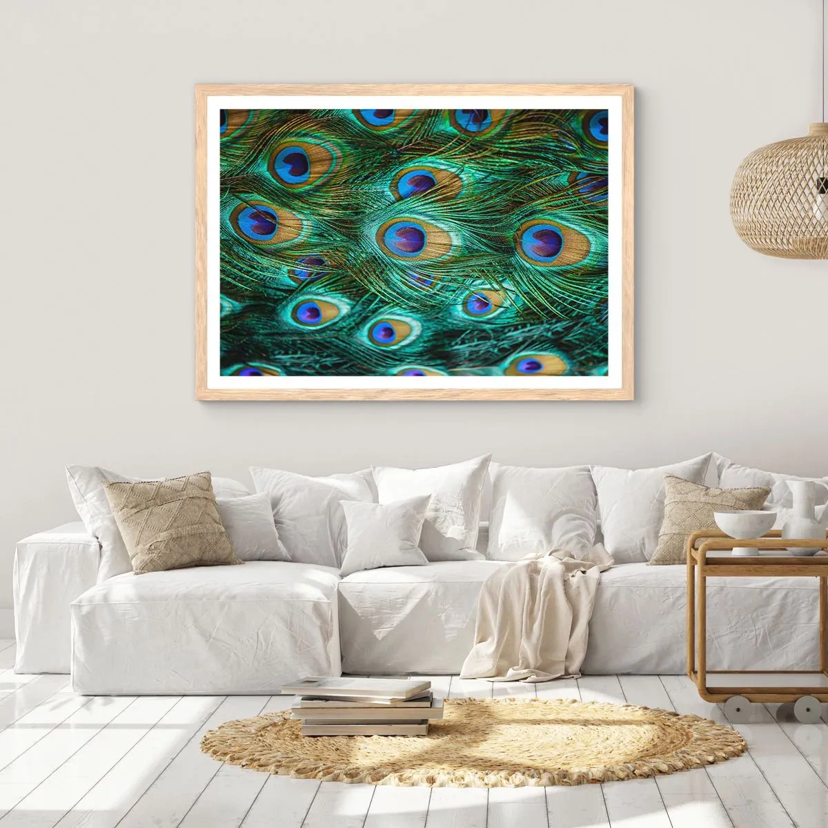 Poster în ramă de stejar deschis - O privire cu ochi de păun - 100x70 cm