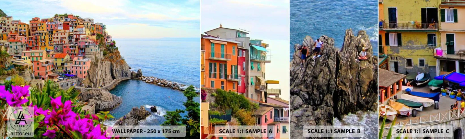 Mostră de Tapet Standard Eco - Un oraș care râde - Peisaj, Manarol, Italia - 100x30 cm