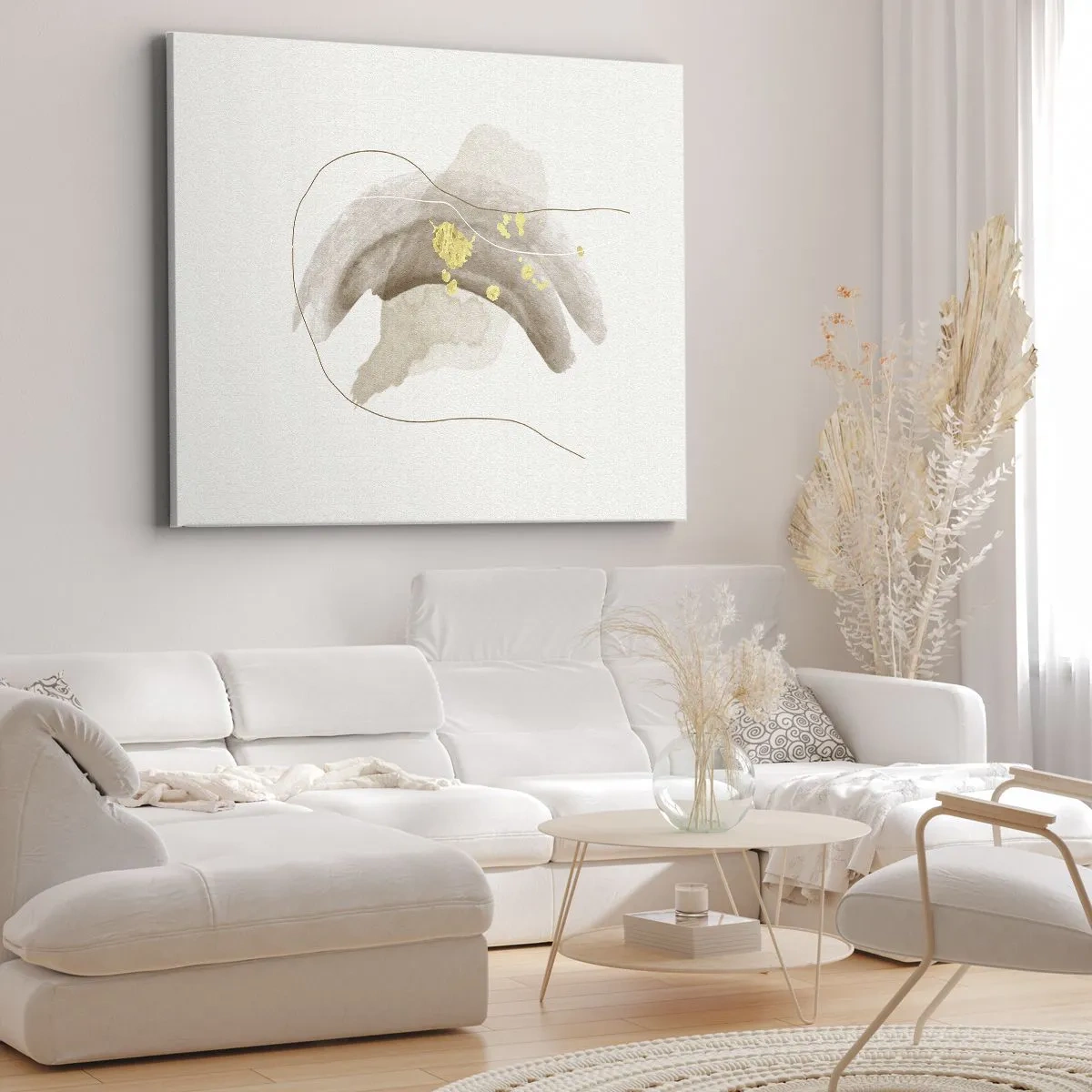 Tablou pe pânză Canvas - O compoziție abstractă în nuanțe de bej și auriu. - 70x50cm - Întâlnite în spațiu - Decorațiune modernă pentru perete pentru living și dormitor ARTTOR