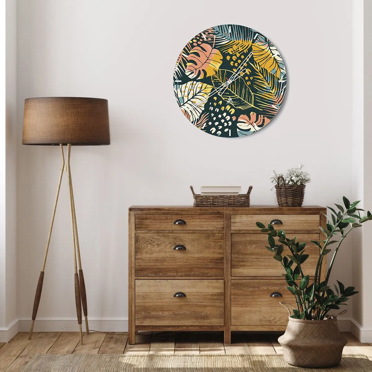 Ceas de perete - Ceas pe sticlă - Model colorat de frunze tropicale pe un fundal întunecat - 30x30cm - Fantezie cu frunze - Decorațiune modernă pentru perete pentru living, bucătărie și dormitor ARTTOR
