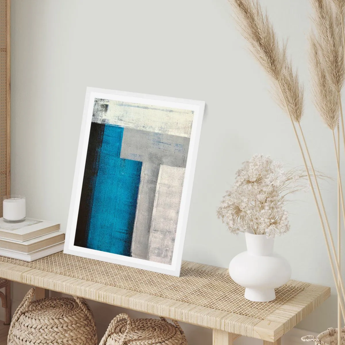 Poster în ramă albă - Compoziție poetică de gri și albastru - 61x91 cm