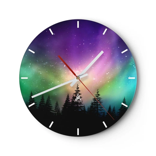 Ceas de perete - Ceas pe sticlă - Aurora boreală deasupra pădurii de conifere - 30x30cm - Magie albă - Decorațiune modernă pentru perete pentru living, bucătărie și dormitor ARTTOR