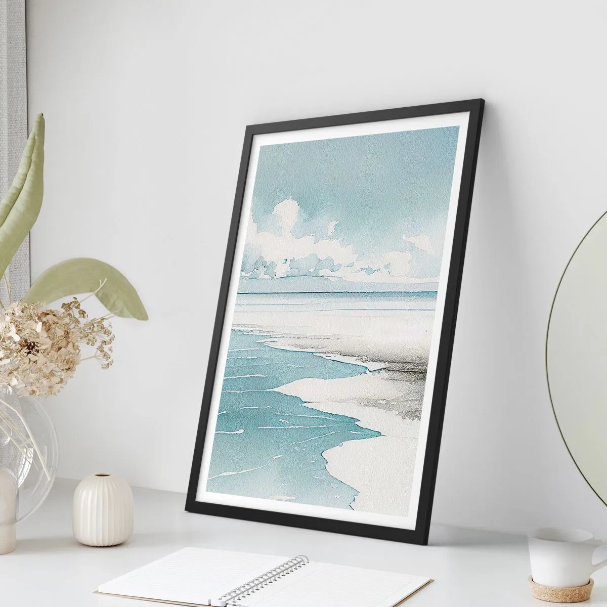 Poster în ramă neagră - Peisaj de coastă în acuarelă în nuanțe pastelate - 50x70cm - Mareea blândă - Decorațiune modernă pentru perete pentru living și dormitor ARTTOR
