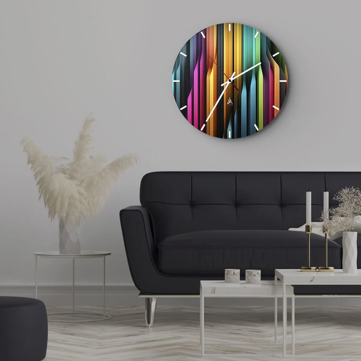 Ceas de perete - Ceas pe sticlă - Linii verticale colorate în stilul reflexiilor luminoase - 30x30cm - Orgă de lumină - Decorațiune modernă pentru perete pentru living, bucătărie și dormitor ARTTOR