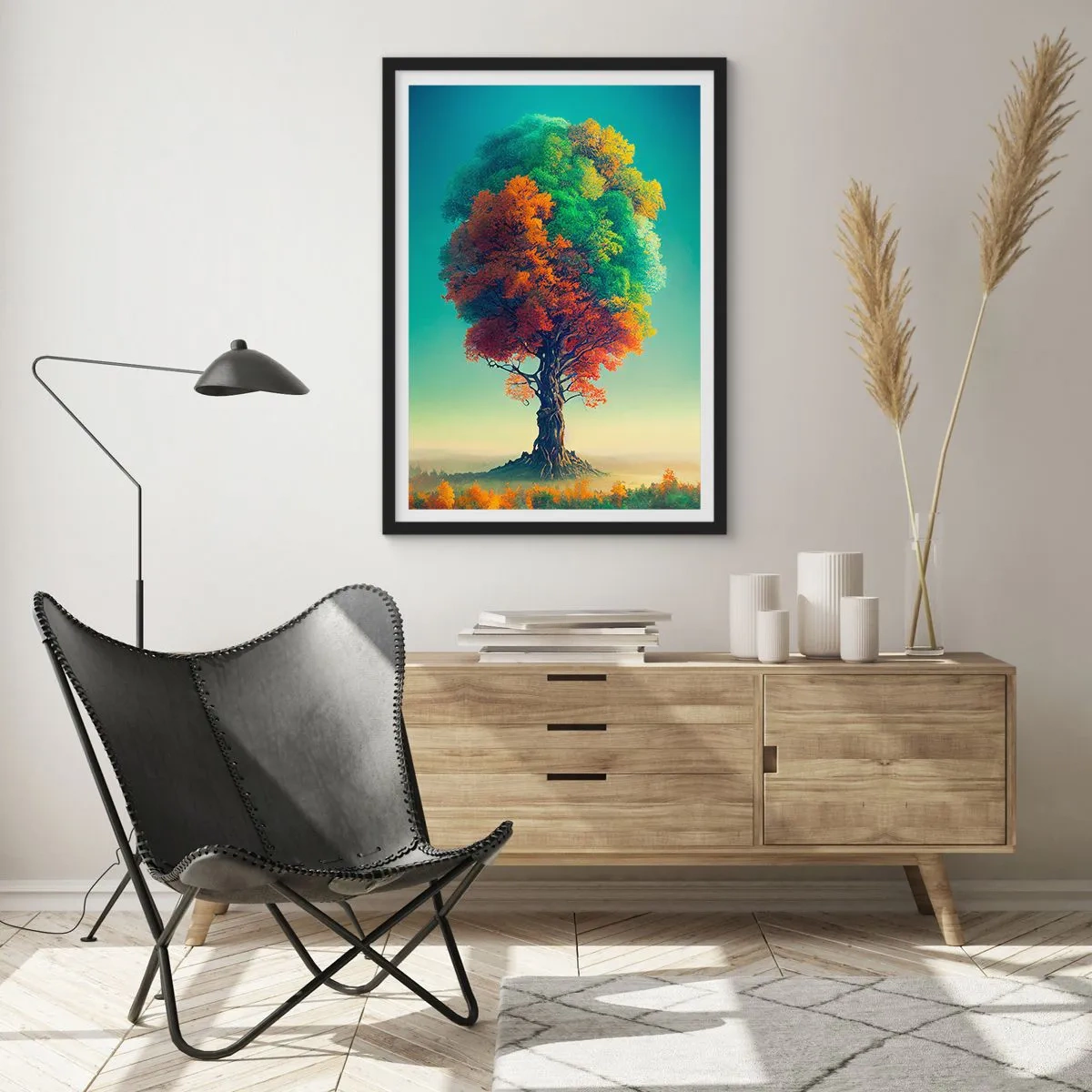 Poster în ramă neagră - Un copac în culorile celor patru anotimpuri - 50x70cm - Stejarul - părintele naturii - Decorațiune modernă pentru perete pentru living și dormitor ARTTOR