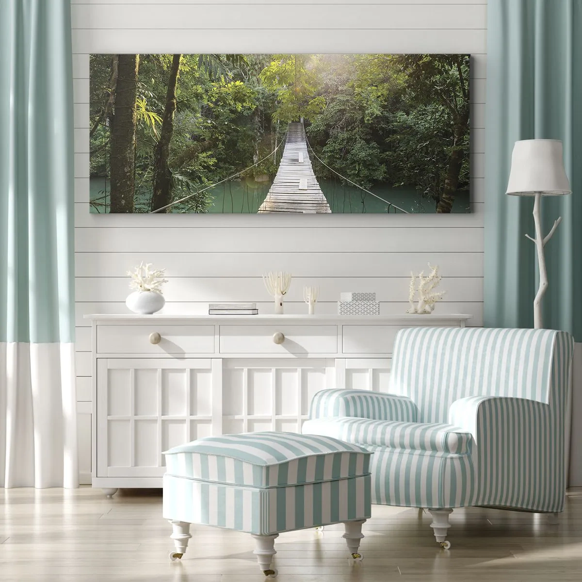 Tablou pe pânză - Peste apa de azur spre pădurea de azur - 100x40 cm