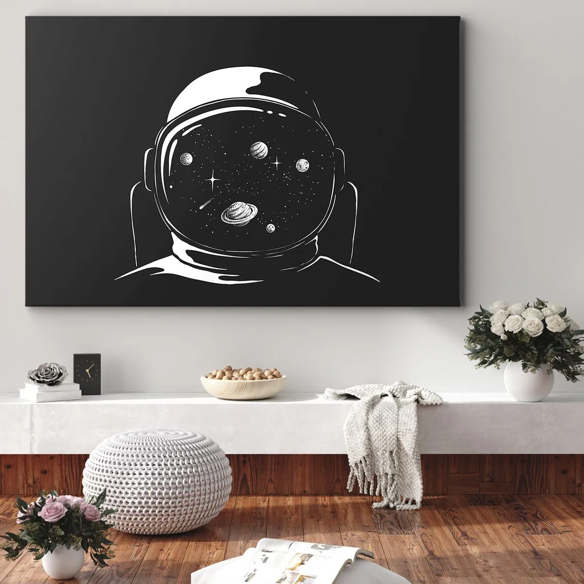 Tablou pe pânză Canvas - O cască minimalistă de astronaut cu vedere spre spațiu - 70x50cm - Mișto priveliște - Decorațiune modernă pentru perete pentru living și dormitor ARTTOR
