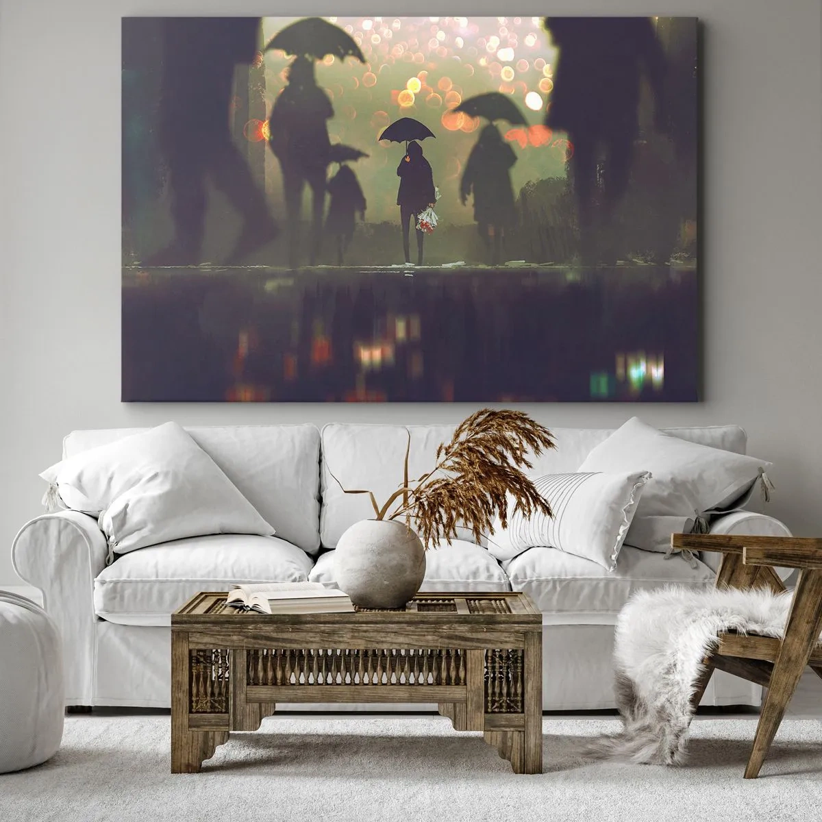 Tablou pe pânză Canvas - O figură cu o umbrelă într-o seară ploioasă printre luminile orașului - 70x50cm - Din perspectiva unei picături de ploaie - Decorațiune modernă pentru perete pentru living și dormitor ARTTOR