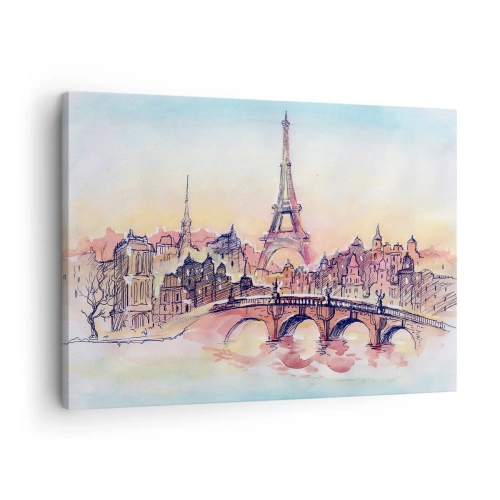 Tablou pe pânză Canvas - Panoramă în acuarelă a Parisului cu Turnul Eiffel la apus - 70x50cm - Singurul oraș de acest fel din lume - Decorațiune modernă pentru perete pentru living și dormitor ARTTOR