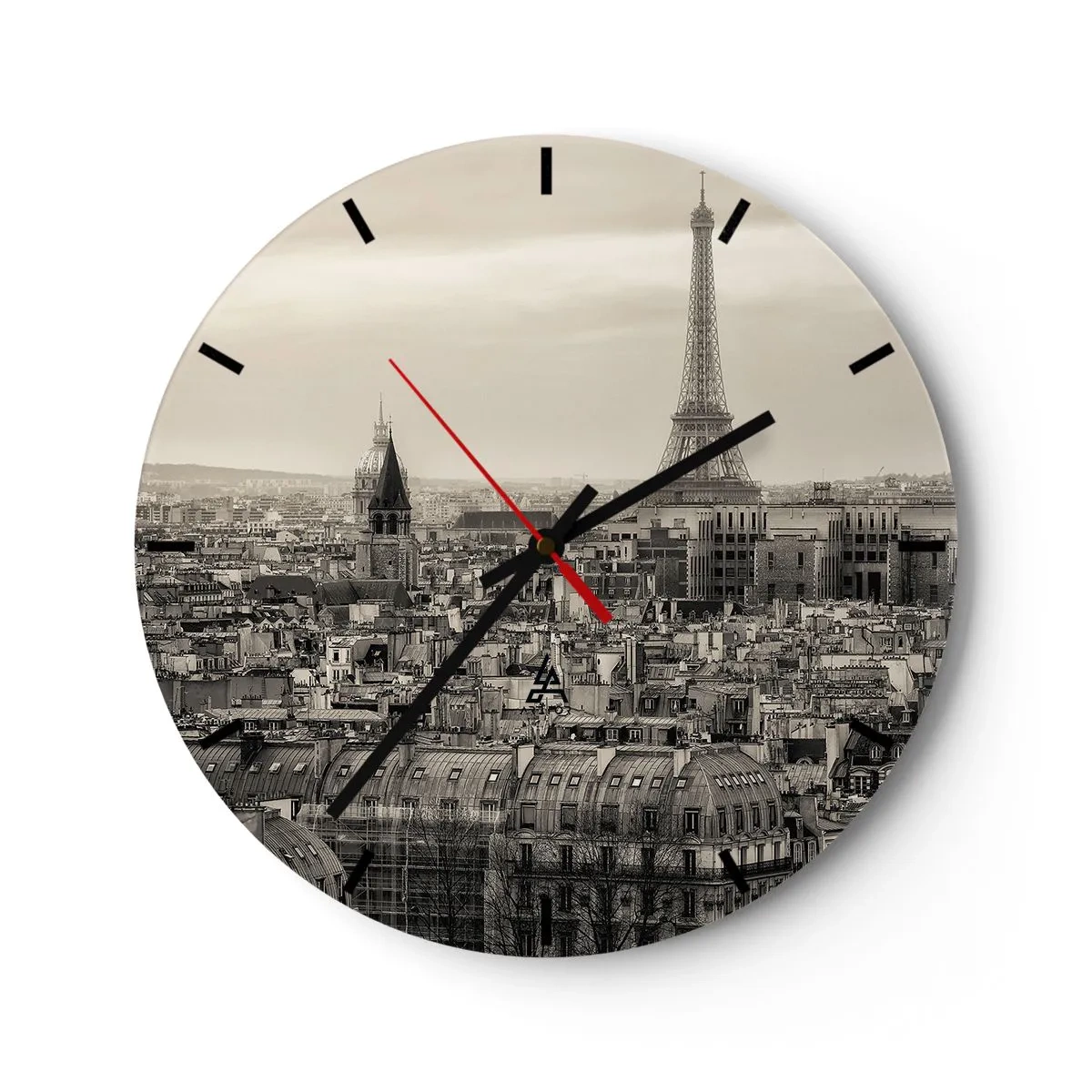 Ceas de perete - Ceas pe sticlă - Vedere panoramică a Parisului cu Turnul Eiffel - 30x30cm - Deasupra acoperișurilor Parisului - Decorațiune modernă pentru perete pentru living, bucătărie și dormitor ARTTOR