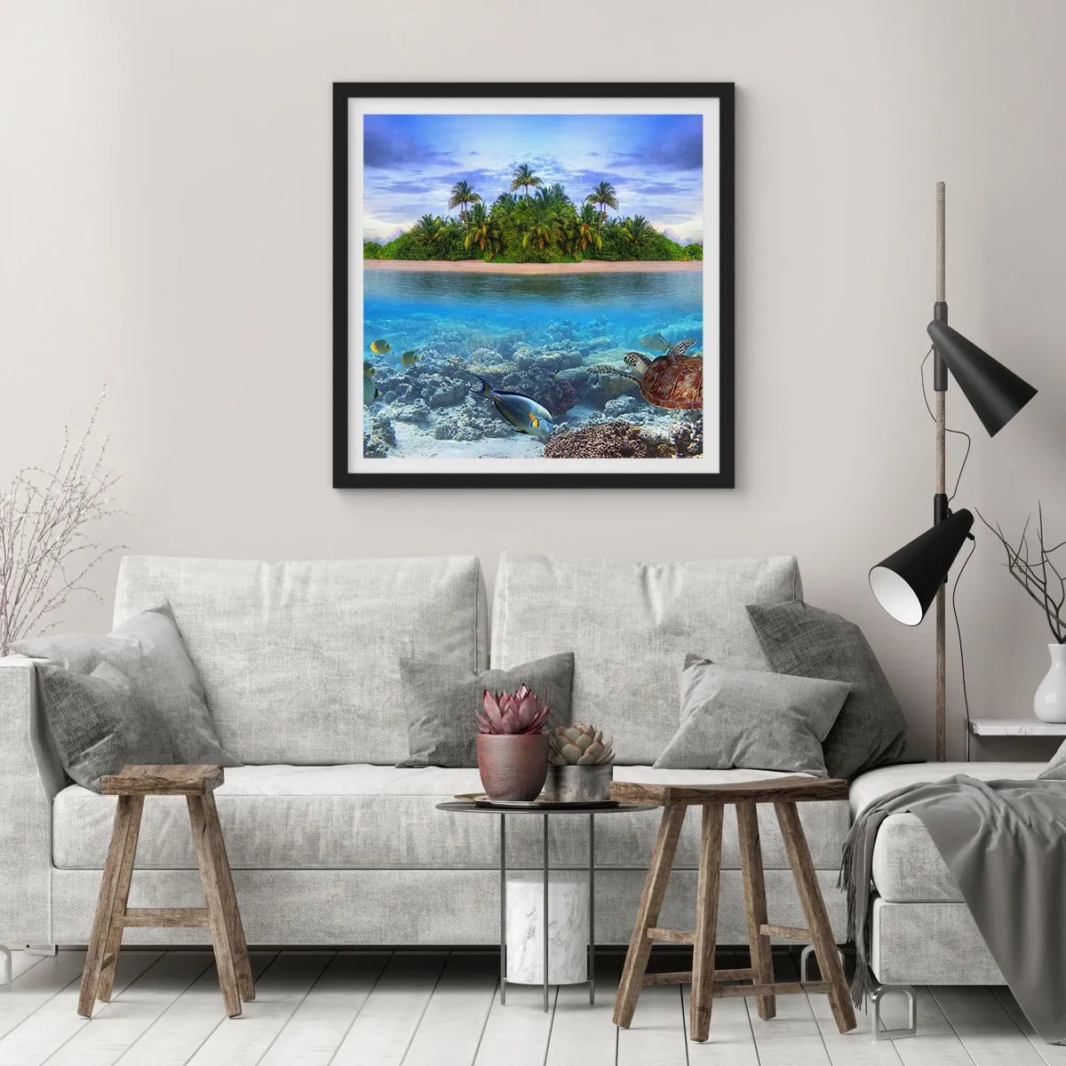 Poster în ramă neagră - Insula paradisiacă vă invită - 30x30 cm