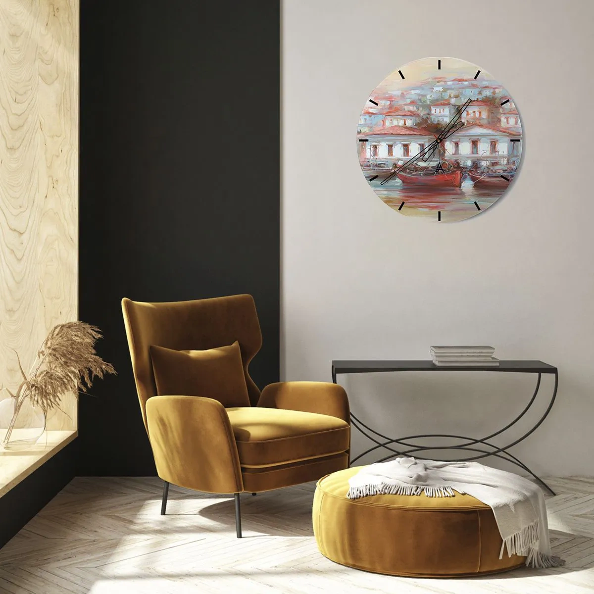 Ceas de perete - Ceas pe sticlă - Un port pitoresc cu bărci și arhitectură mediteraneană - 30x30cm - Orășel fericit - Decorațiune modernă pentru perete pentru living, bucătărie și dormitor ARTTOR