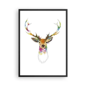Poster în ramă neagră - cerb colorat în stil abstract pe fundal alb - 50x70cm - Cerb blând scăldat în culoare - Decorațiune modernă pentru perete pentru living și dormitor ARTTOR