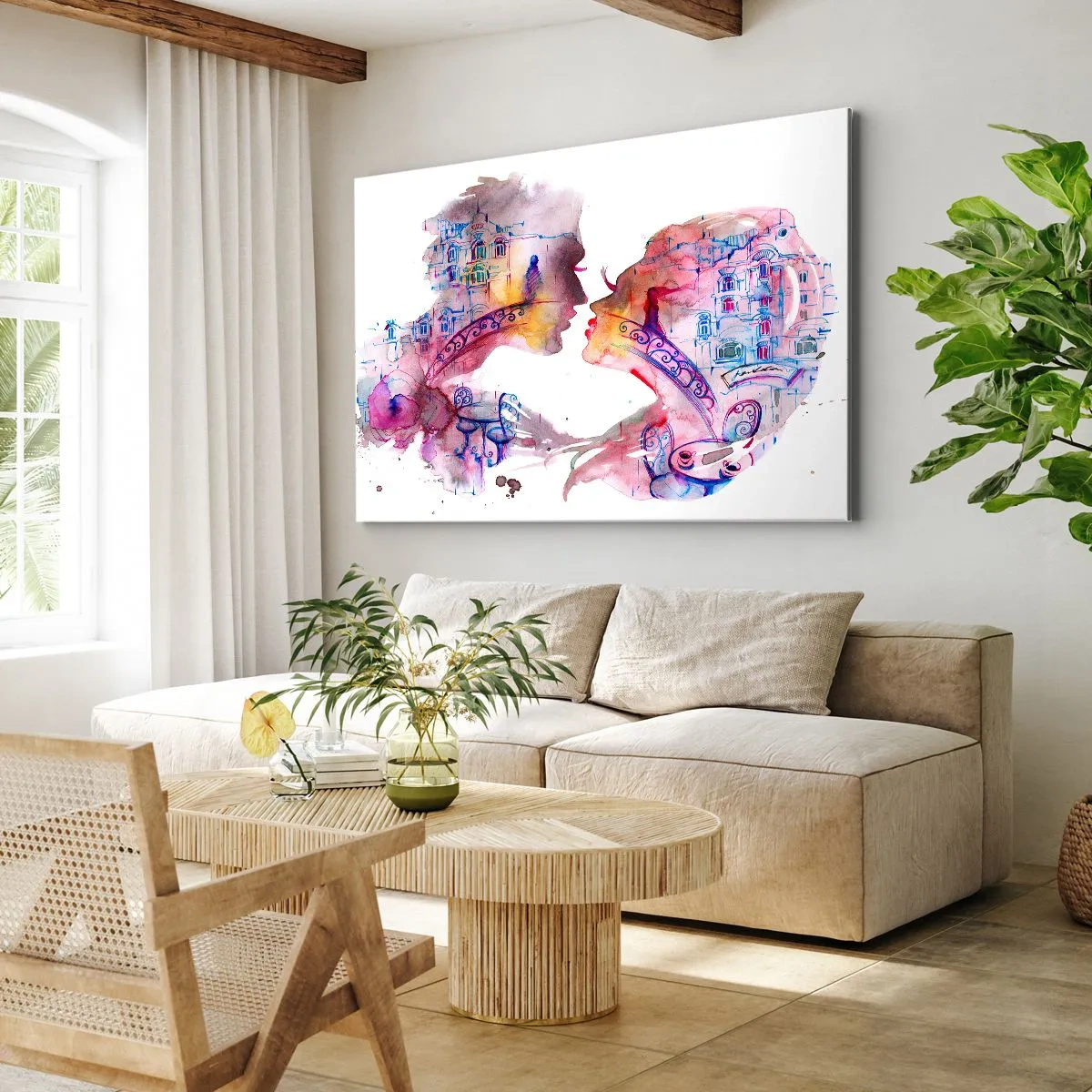 Tablou pe pânză Canvas - O acuarelă romantică înfățișând siluetele îndrăgostiților - 70x50cm - Podul secret al suspinelor - Decorațiune modernă pentru perete pentru living și dormitor ARTTOR