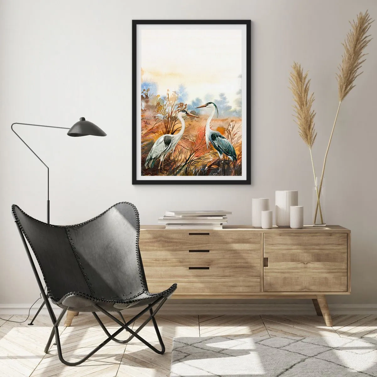 Poster în ramă neagră - Macarale pe fundalul unui peisaj de toamnă în acuarelă - 50x70cm - Încotro în toamnă? - Decorațiune modernă pentru perete pentru living și dormitor ARTTOR