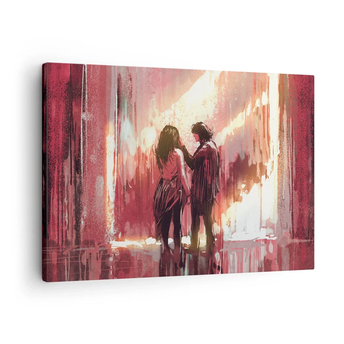 Tablou pe pânză Canvas - Un cuplu stând în lumină caldă pe un fundal de modele abstracte. - 70x50cm - Spectacolul etern al iubirii - Decorațiune modernă pentru perete pentru living și dormitor ARTTOR