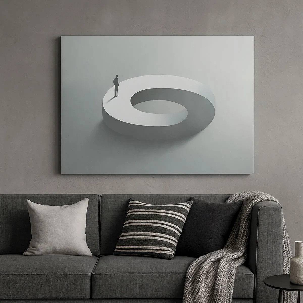 Tablou pe pânză Canvas - Un bărbat pe o structură gri, abstractă - 70x50cm - Înțelegi ceva? - Decorațiune modernă pentru perete pentru living și dormitor ARTTOR