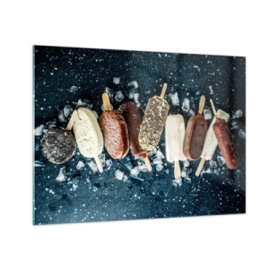 Tablou pe sticlă - Înghețată în diferite arome aranjate pe cuburi de gheață - 70x50cm - Gustul unei veri fierbinți - Decorațiune modernă pentru perete pentru living și dormitor ARTTOR