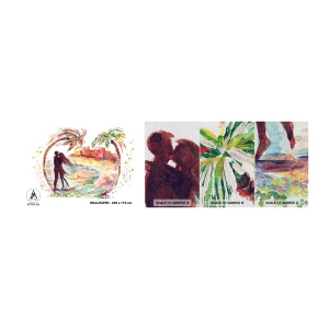 Mostră tapet Premium Sand - Vacanța romantică - oameni, Palmier de nuca de cocos, plajă - 100x30 cm
