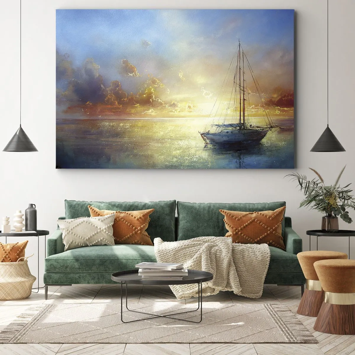Tablou pe pânză Canvas - Un iaht pe o mare calmă la apus - 70x50cm - Într-un golf de aur - Decorațiune modernă pentru perete pentru living și dormitor ARTTOR