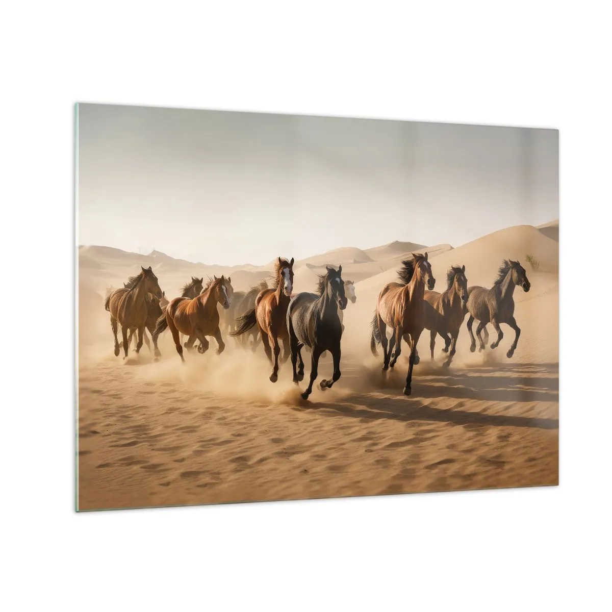 Tablou pe sticlă - O turmă de cai galopând în deșert printre dunele de nisip - 70x50cm - Liberi ca vântul - Decorațiune modernă pentru perete pentru living și dormitor ARTTOR