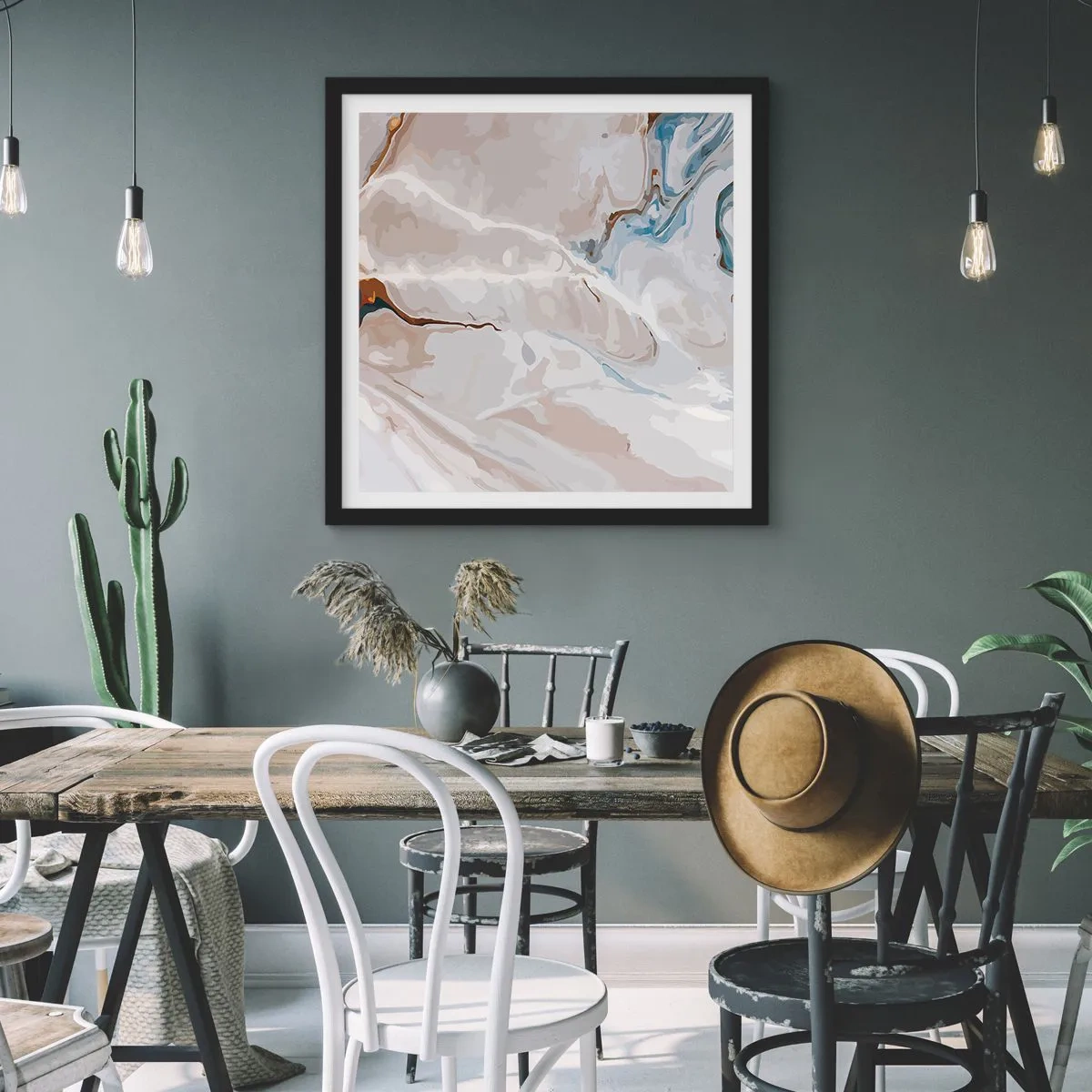 Poster în ramă neagră - Meandre albastre sub alb - 40x40 cm