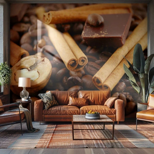 Tapet Standard Eco - Boabe de cafea, scorțișoară, ciocolată și nuci prim-plan - 100x70cm - Concert de arome - Decorațiune modernă pentru perete pentru living și dormitor ARTTOR