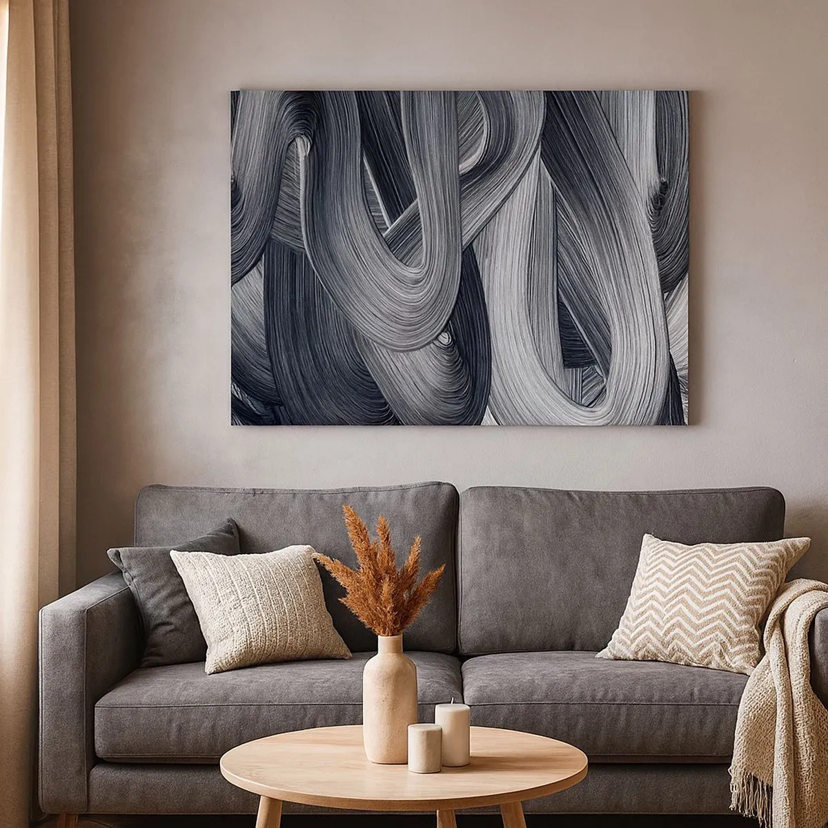 Tablou pe pânză Canvas - Abstracție alb-negru cu tușe dinamice de pensulă. - 70x50cm - Fluiditatea realității - Decorațiune modernă pentru perete pentru living și dormitor ARTTOR
