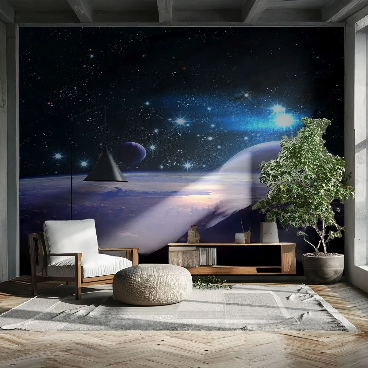 Tapet Standard Eco - Vedere a spațiului cu planete și stele - 100x70cm - Tot singuri? - Decorațiune modernă pentru perete pentru living și dormitor ARTTOR