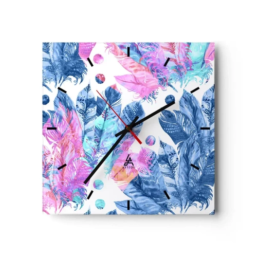 Ceas de perete - Ceas pe sticlă - Pene în alb și albastru - 40x40 cm