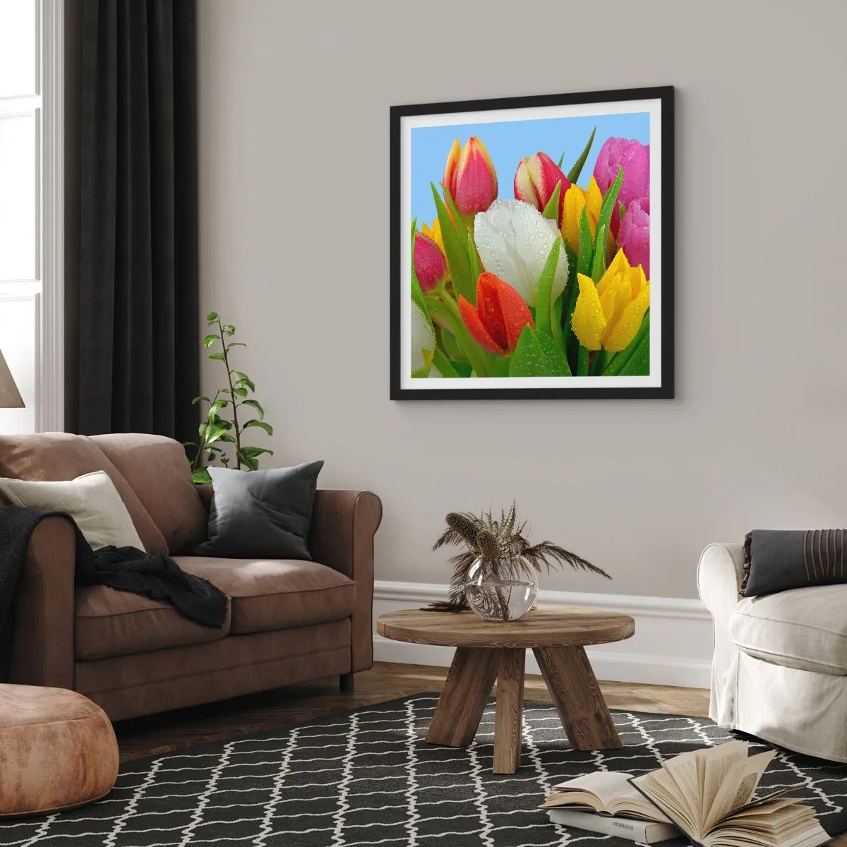 Poster în ramă neagră - Un curcubeu floral în picături de rouă - 30x30 cm