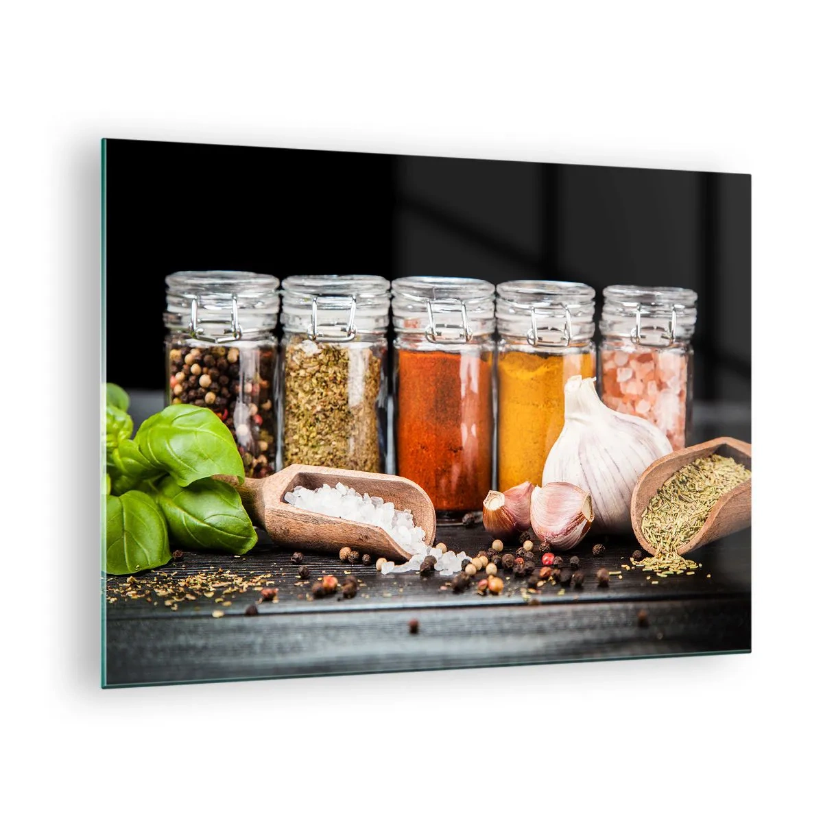 Tablou pe sticlă - Condimente colorate în borcane pe un fundal întunecat - 70x50cm - Pentru a da un gust vieții - Decorațiune modernă pentru perete pentru living și dormitor ARTTOR