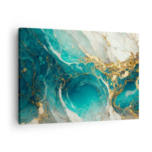 Tablou pe pânză Canvas - O compoziție abstractă în nuanțe de turcoaz și auriu. - 70x50cm - Compoziție cu vene aurii - Decorațiune modernă pentru perete pentru living și dormitor ARTTOR