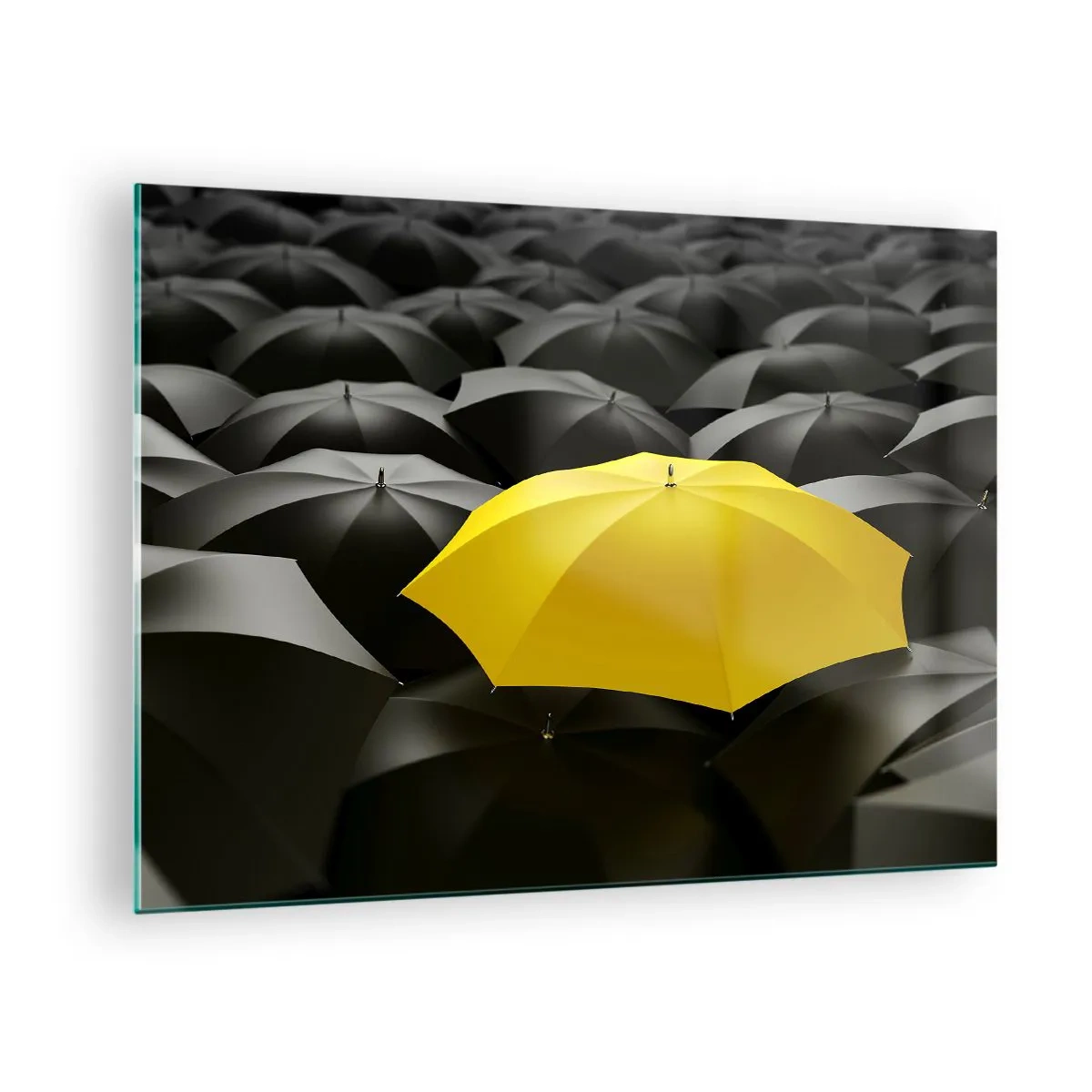 Tablou pe sticlă - O umbrelă galbenă ieșea în evidență printre cele negre - 70x50cm - La revedere, tristețe - Decorațiune modernă pentru perete pentru living și dormitor ARTTOR