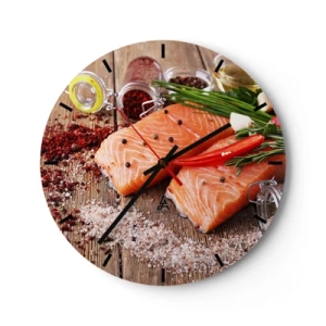 Ceas de perete - Ceas pe sticlă - File de somon cu condimente - 30x30cm - O aventură norvegiană în bucătărie - Decorațiune modernă pentru perete pentru living, bucătărie și dormitor ARTTOR