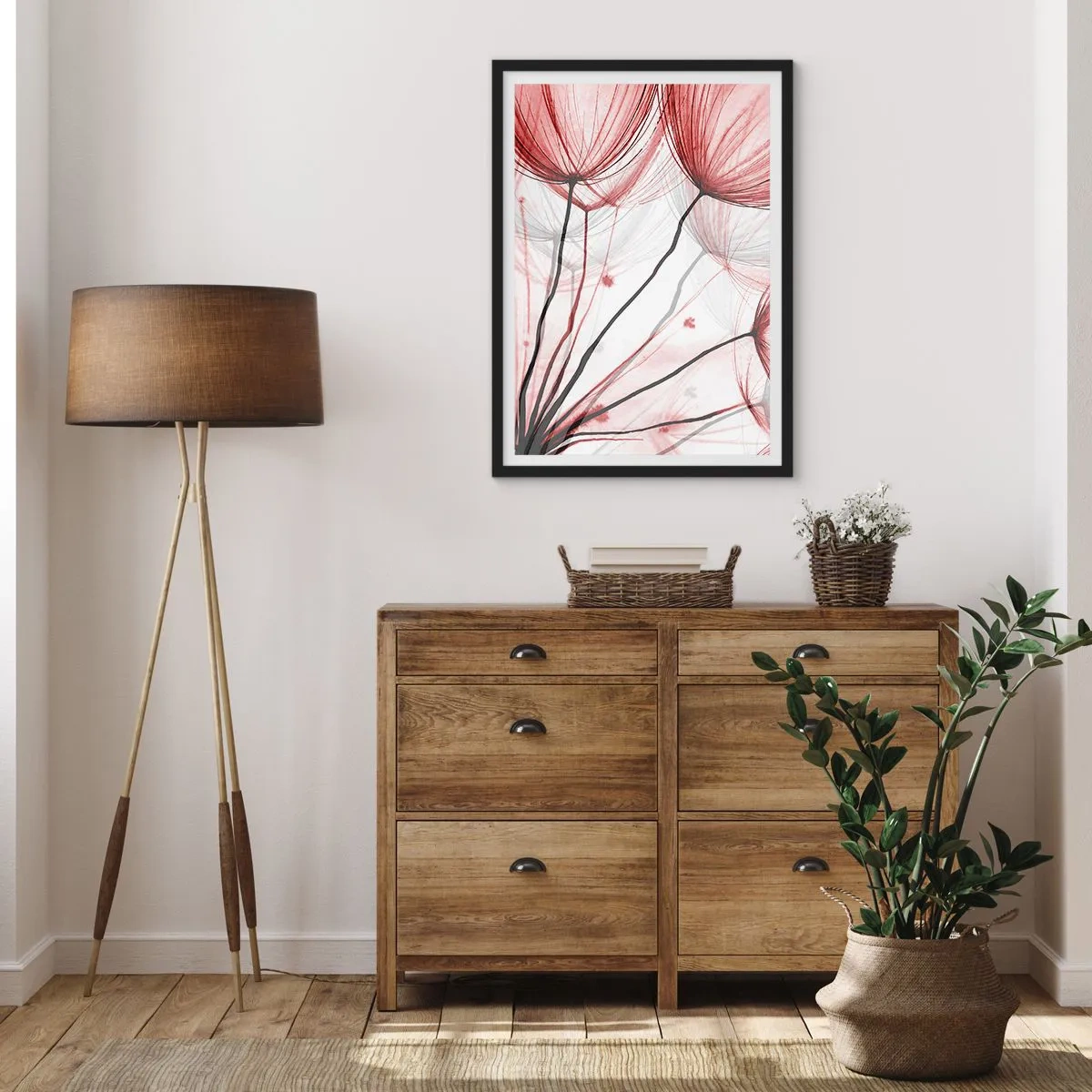 Poster în ramă neagră - Păpădii delicate în nuanțe de roșu și negru - 50x70cm - Înainte de plecare - Decorațiune modernă pentru perete pentru living și dormitor ARTTOR