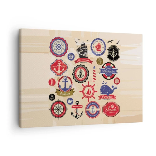 Tablou pe pânză Canvas - O colecție de grafică și simboluri nautice pe un fundal deschis - 70x50cm - Frăția navigării - Decorațiune modernă pentru perete pentru living și dormitor ARTTOR