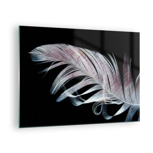 Tablou pe sticlă - O pană delicată pe un fundal negru într-o abordare artistică - 70x50cm - Gândește-te la atingere - Decorațiune modernă pentru perete pentru living și dormitor ARTTOR