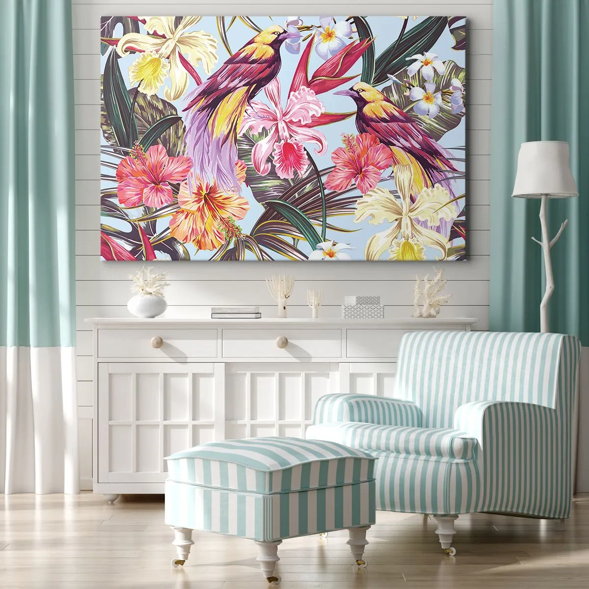 Tablou pe pânză Canvas - Păsări exotice printre flori tropicale - 70x50cm - Petale și pene - Decorațiune modernă pentru perete pentru living și dormitor ARTTOR